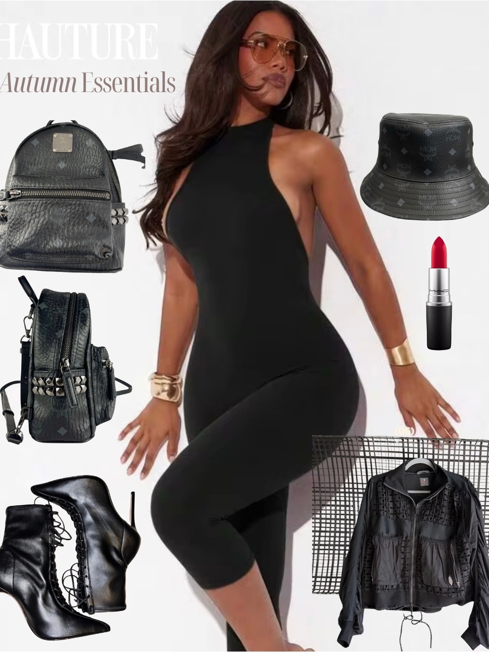 MCM/FP MOVMENT/SCHUTZ: mini backpack, stylish eyelet jacket, and stiletto bootie